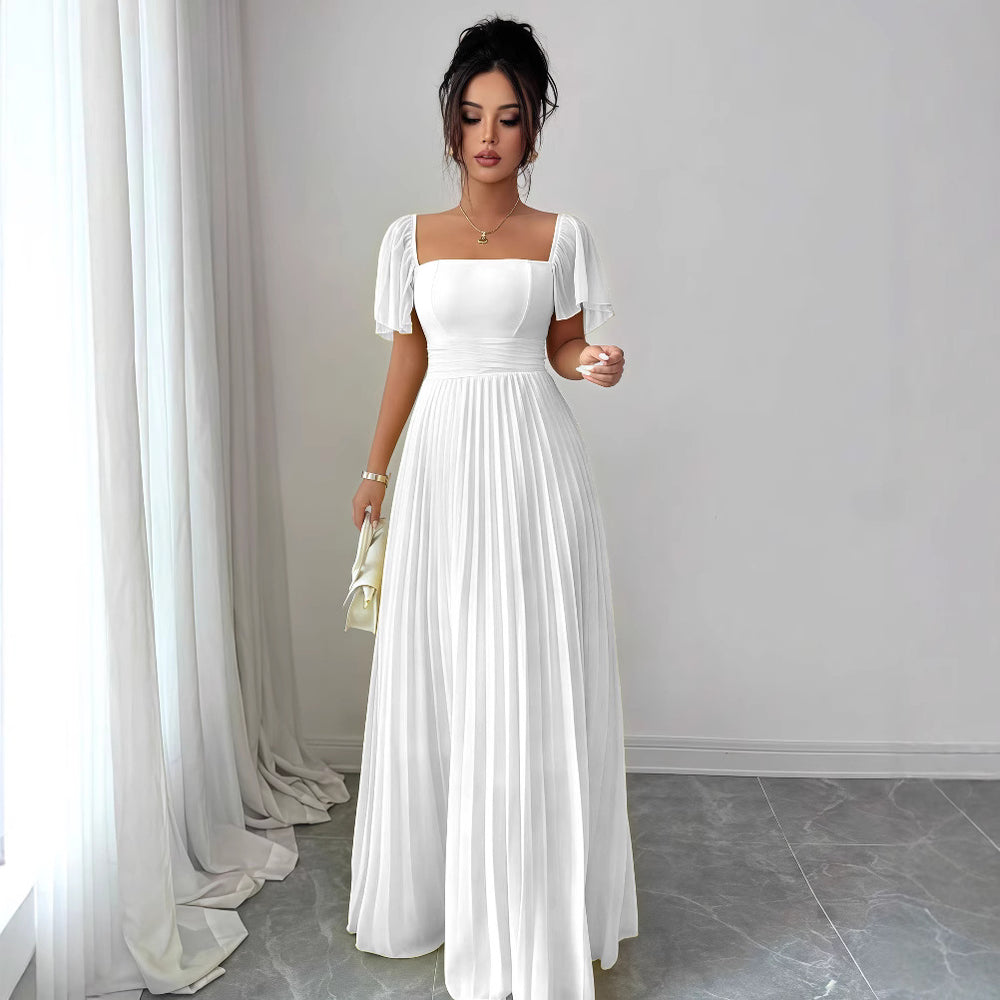 European and american cross-border women's fashion  summer solid color french bandeau backless cinched waist pleated elegant long dress