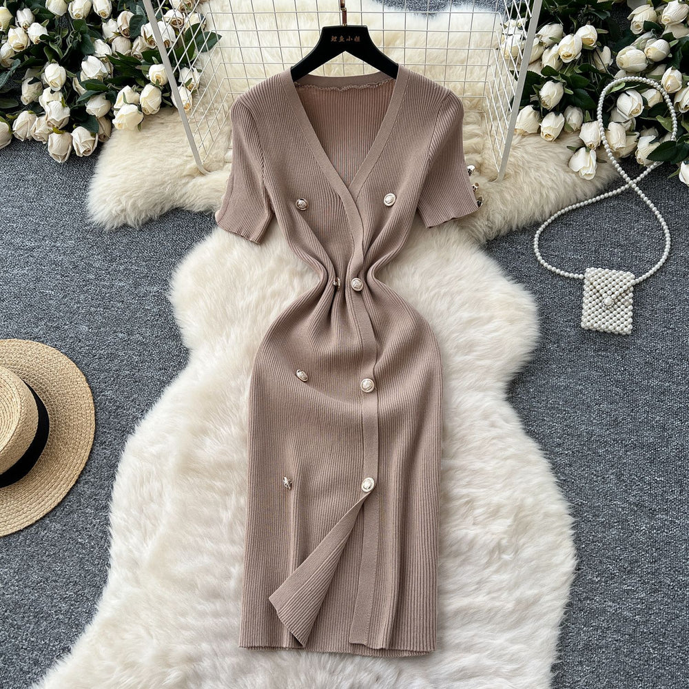 Elegant chanel-inspired v-neck short-sleeve double-breasted bodycon knit dress - women's summer slim-fit midi dress
