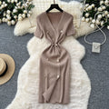 Elegant chanel-inspired v-neck short-sleeve double-breasted bodycon knit dress - women's summer slim-fit midi dress