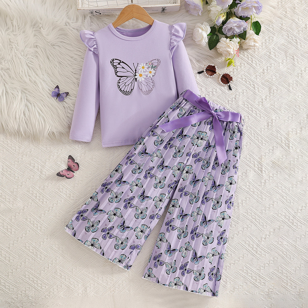 girls' autumn outfit: purple long-sleeve top with butterfly print and belted pleated pants - two-piece set for kids