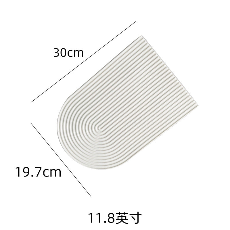 European minimalist pure white ceramic striped dessert and pastry platter, suitable for restaurants, hotels, and home use. unique ceramic long plate
