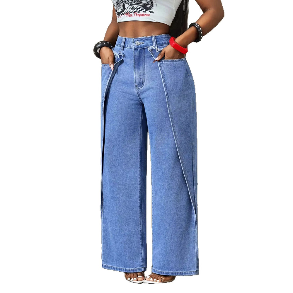 Fashionjeans women's high waist raw edge waist stereo patchwork slit wide leg pants washed loosedrapedpants