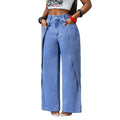 Fashionjeans women's high waist raw edge waist stereo patchwork slit wide leg pants washed loosedrapedpants