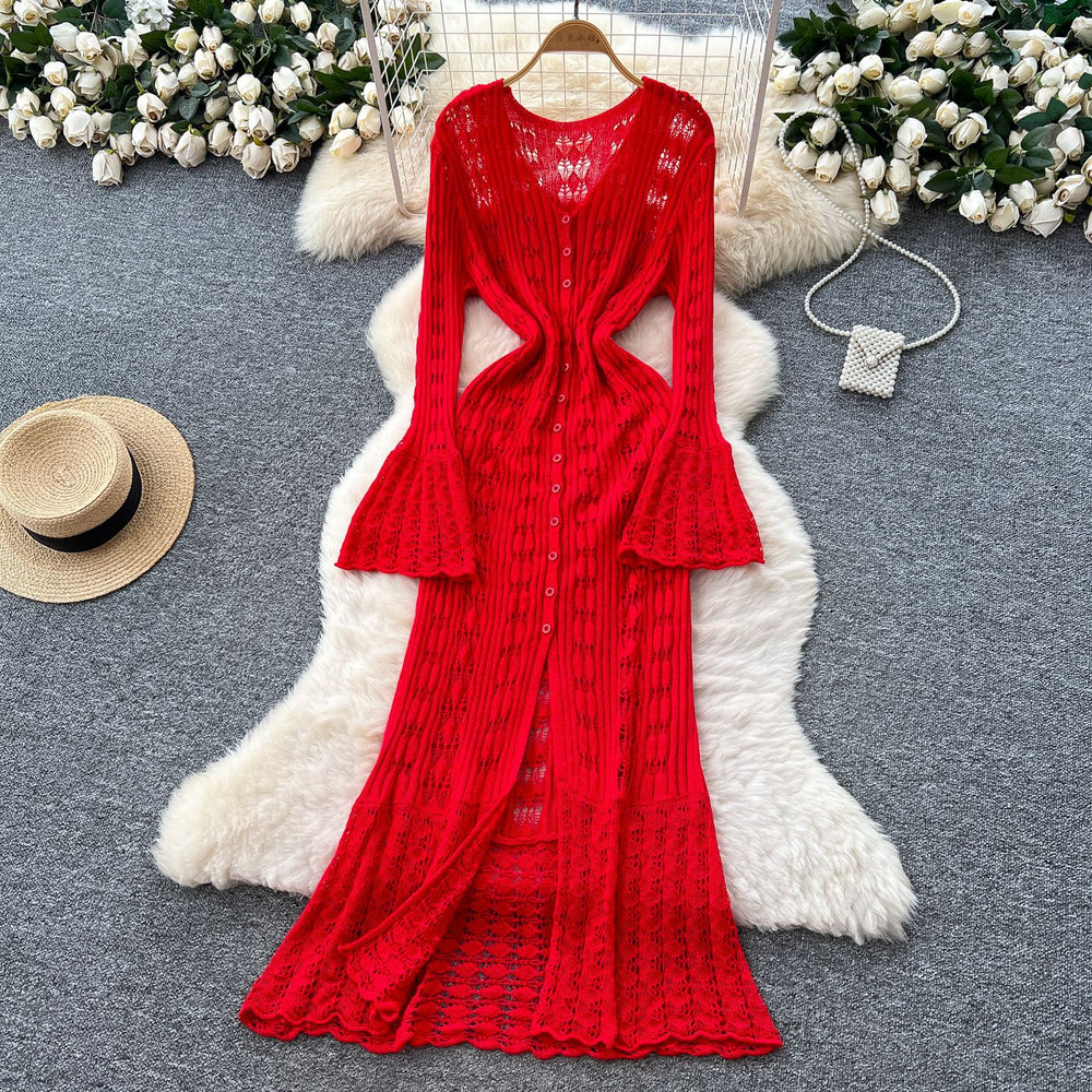 Classy sense cut out crochet bell long sleeves knittingdress female heart v neck single breasted cardigan waist long skirt