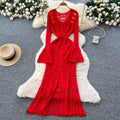 Classy sense cut out crochet bell long sleeves knittingdress female heart v neck single breasted cardigan waist long skirt