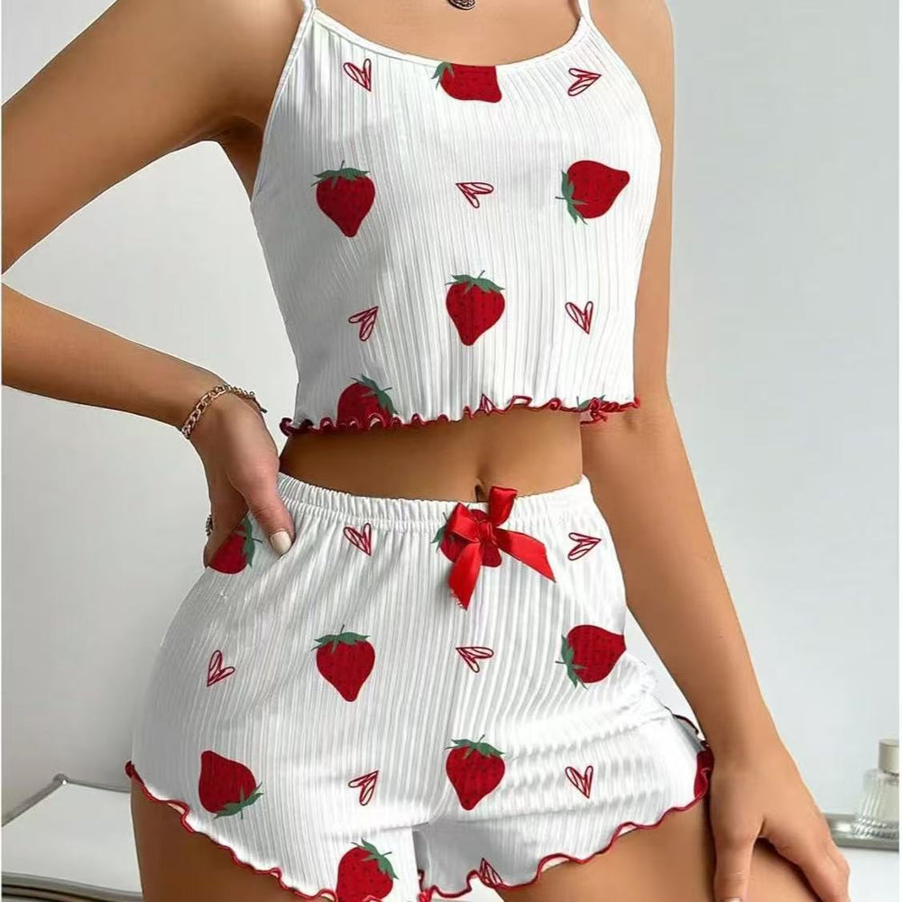 Hot-selling new european and american ribbed knit pajama set - trendy design, cross-border export, printed sweet cami and shorts