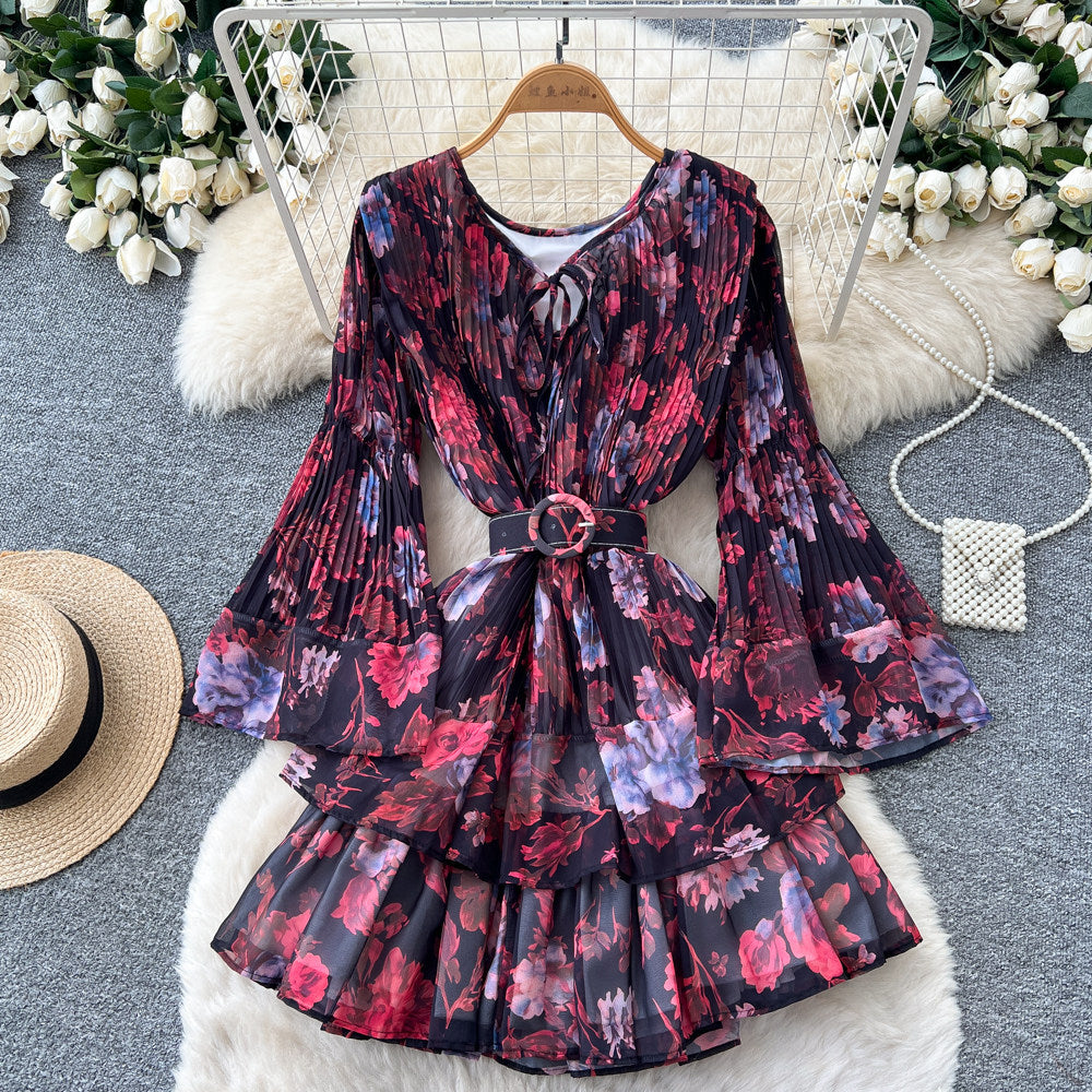 Frenchromantic style v neck strap waist floral dress female summerk-styleslimming lookruffleselegant a-line skirt