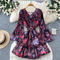 Frenchromantic style v neck strap waist floral dress female summerk-styleslimming lookruffleselegant a-line skirt