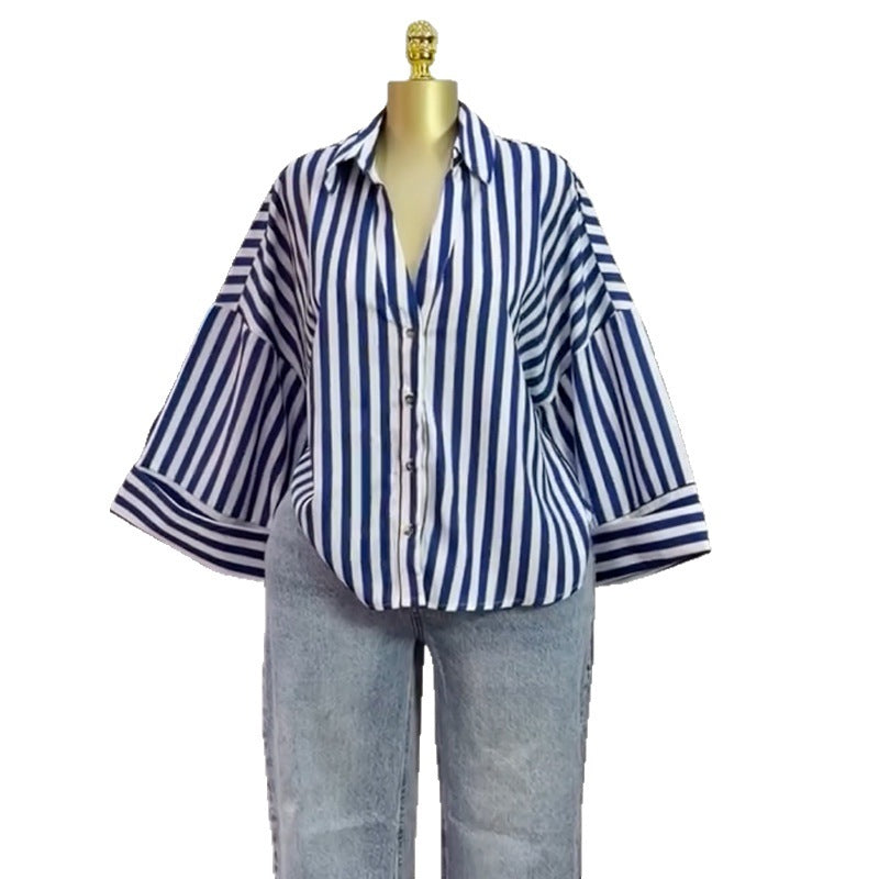 European and american cross-border women's spring  new fashion design turn-down collar loose casual versatile shirt top