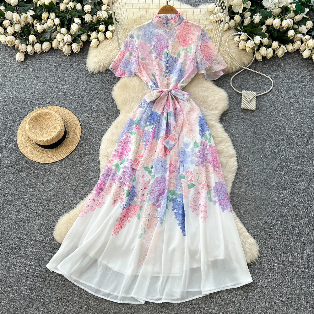 new resort style women's dress - french pearl button detail, cinched waist, slimming, elegant printed chiffon maxi dress