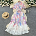 new resort style women's dress - french pearl button detail, cinched waist, slimming, elegant printed chiffon maxi dress