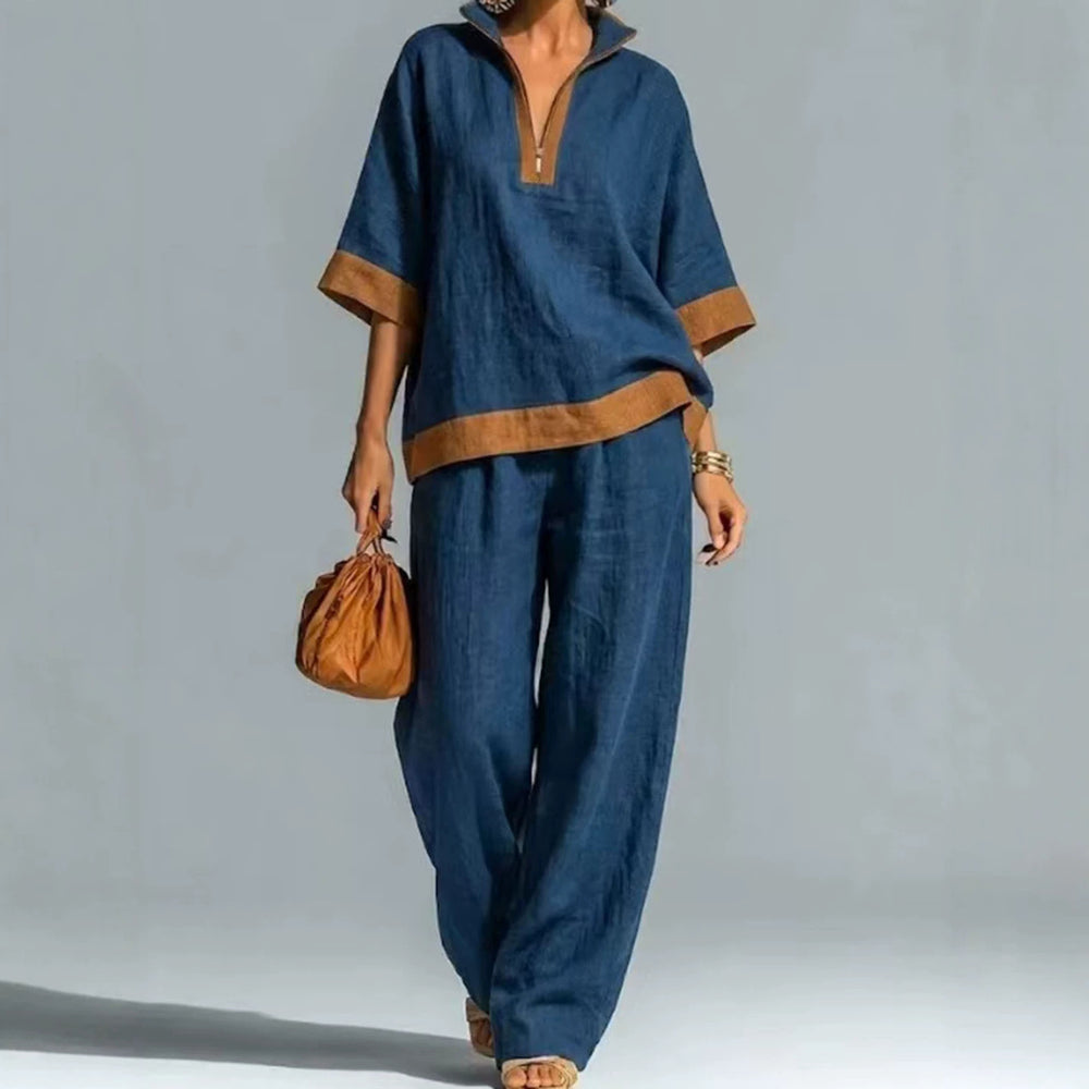 fashionsummernew arrivalcontrast color linen casualsuit half zip stand collar topsloose pants two pieces