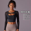 Fashionsexy beautiful back bubble wrap push up sports bra fake two-piece mesh long sleeves all-in-one cup women's yoga fitness wear