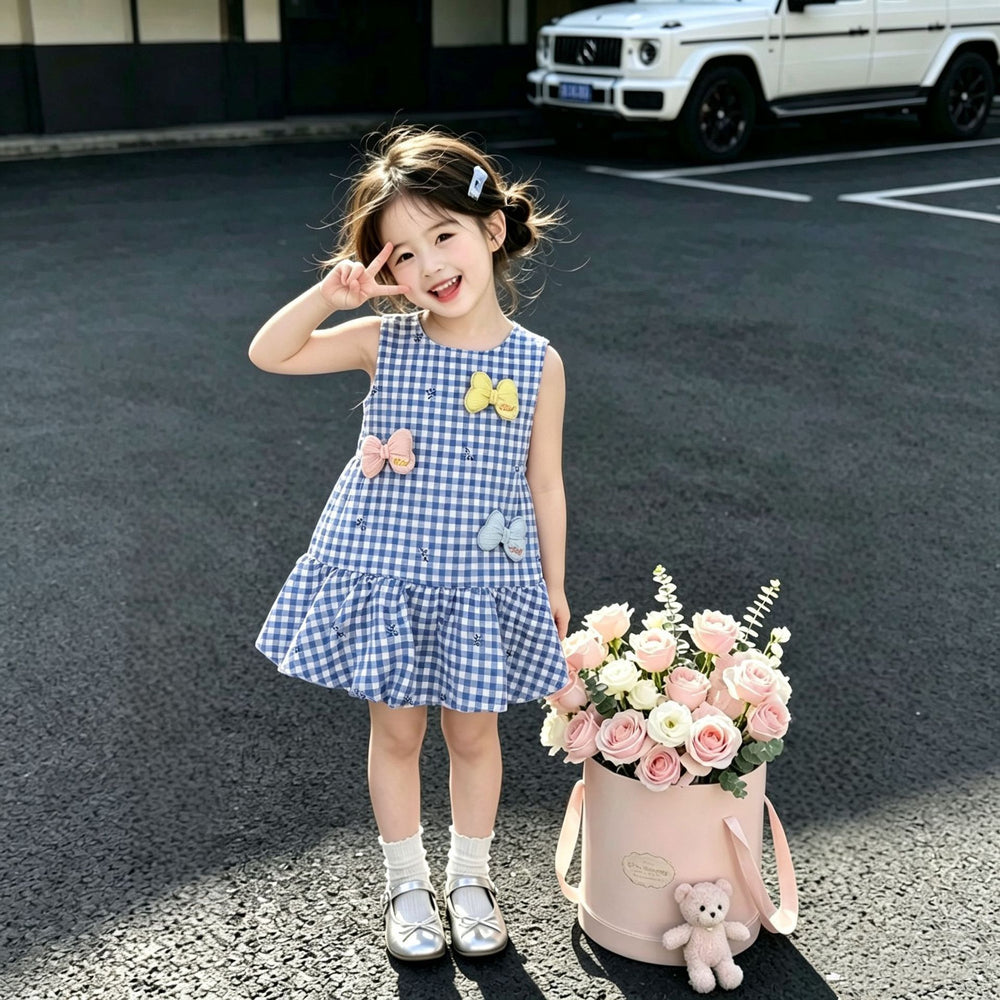 Girls' plaid dress, new  summer collection, baby blue cute vest dress, stylish children's princess dress, super adorable