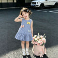 Girls' plaid dress, new  summer collection, baby blue cute vest dress, stylish children's princess dress, super adorable
