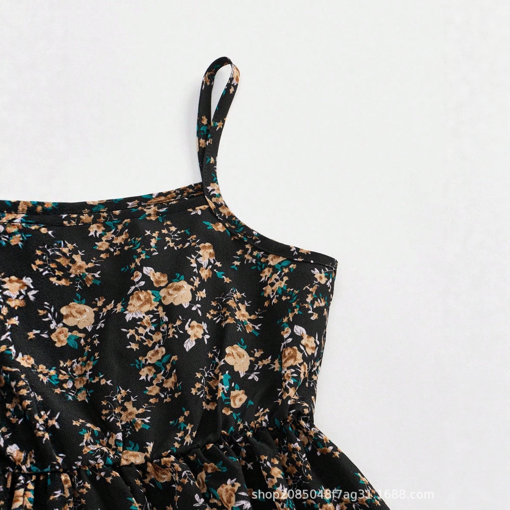 Girls' european and american style trendy solid color cropped jacket + black floral print cami dress two-piece set