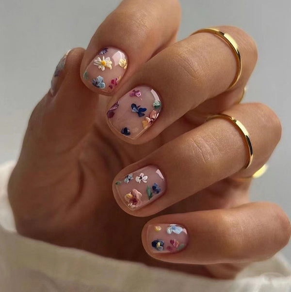 Wearing armor gentle girl pink small floral short square European and American ins wind finished product white nail piece wholesale
