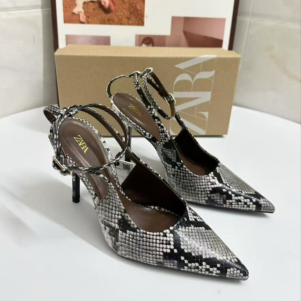 Za2025new arrival snake pattern color matching stiletto heel backless sandals fashion women's one-strap flatsoutwear women