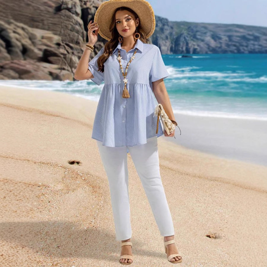 e-commerce   new summer collection: elegant, loose-fitting, casual short-sleeved striped shirt with a turn-down collar