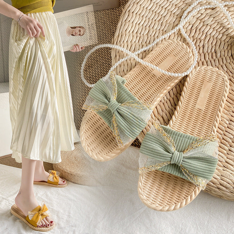 Women's summer slippers - fashionable bowknot design, influencer-approved fairy style, beach sandals, 2021 new summer collection, trendy slides for women, summer ins style