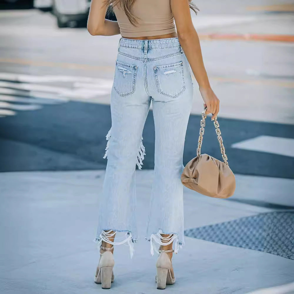 Amazon  fringed jeans for women fashionnew arrivalelegantwork clothingfashion washed hole straight-leg pants