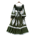 Vintage print long sleeve korean style square neck dress - women's summer a-line bohemian maxi dress with cinched waist