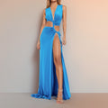 cross-border e-commerce women's fashion: european and american summer new arrivals - sexy solid color cutout knot slit v-neck dress
