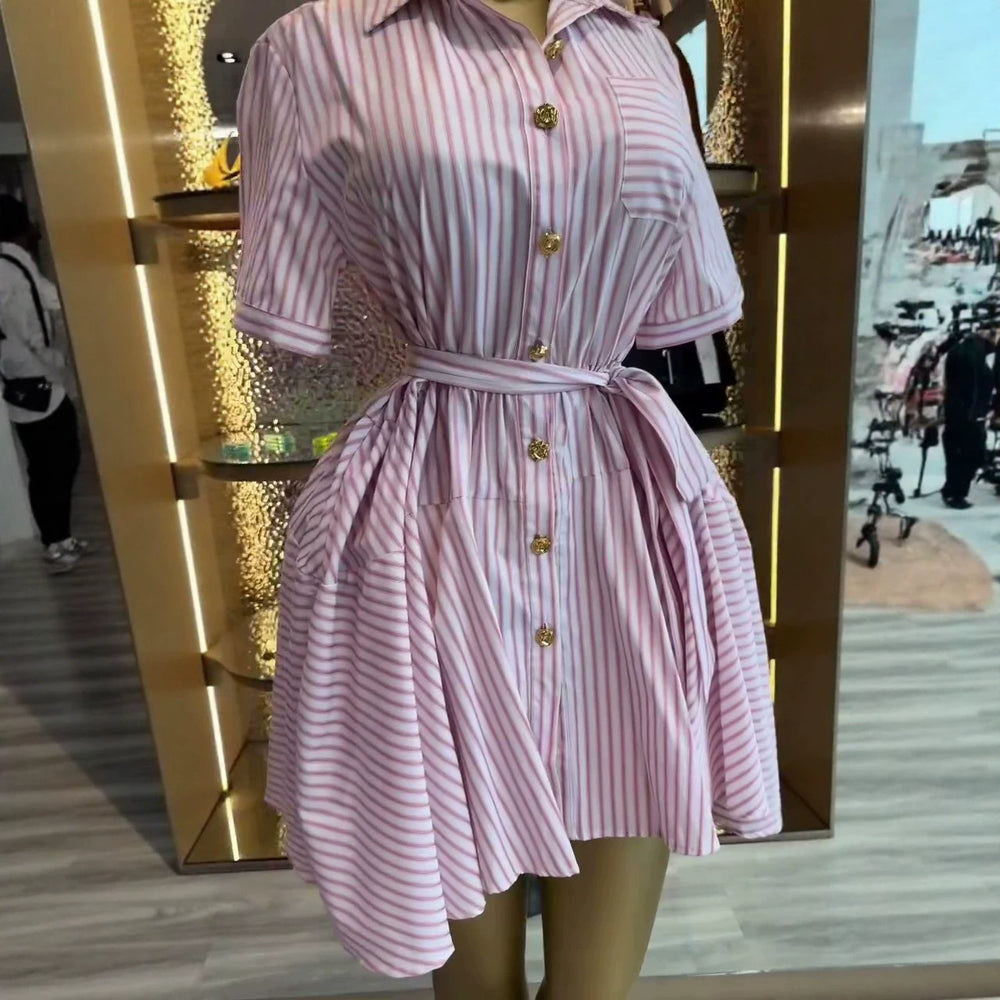 European and american cross-border women's fashion:  summer new arrival - elegant lapel, single-breasted button, pocket, tie-waist shirt dress