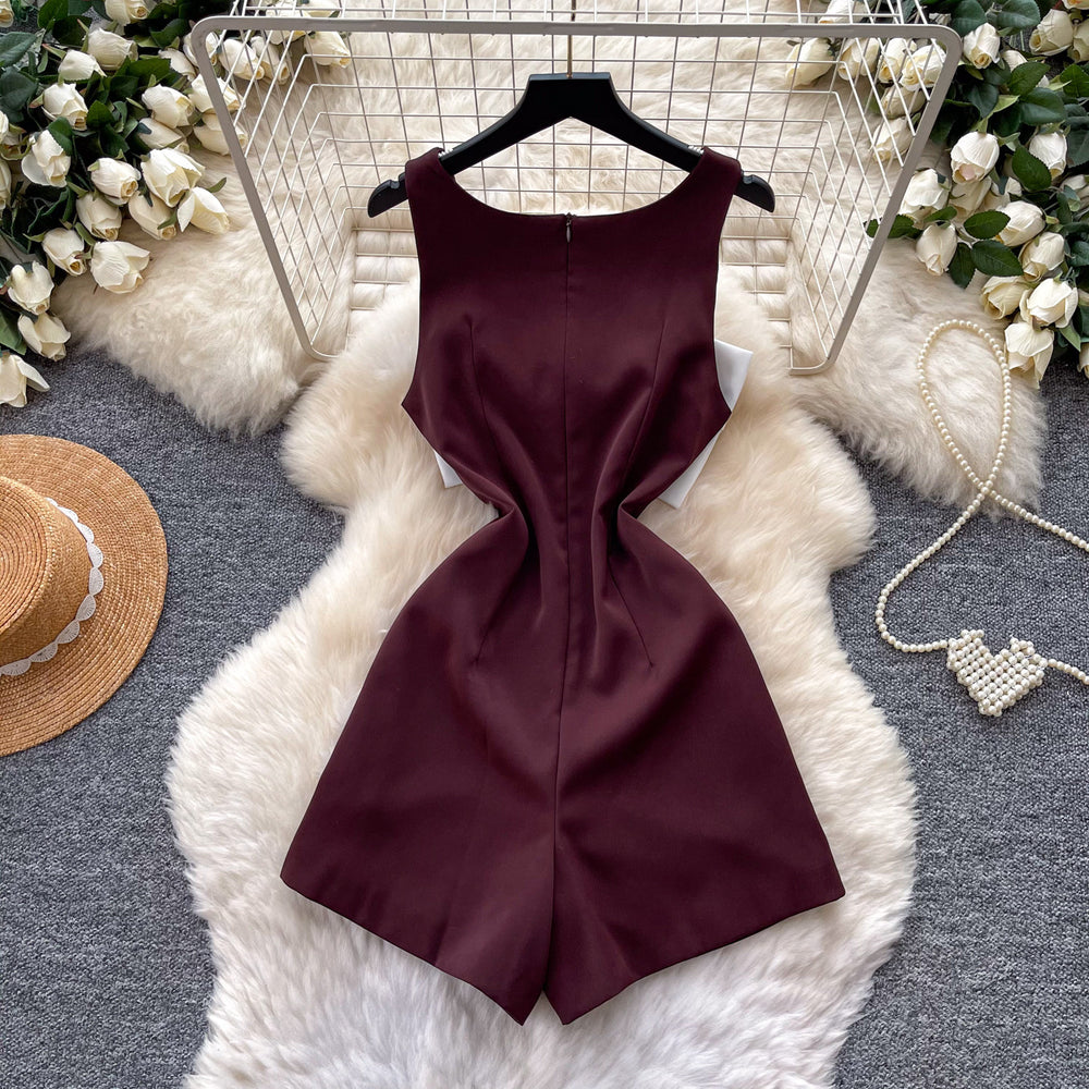 French style bowknot romper - summer high-waisted slimming jumpsuit for petite women - simple and chic
