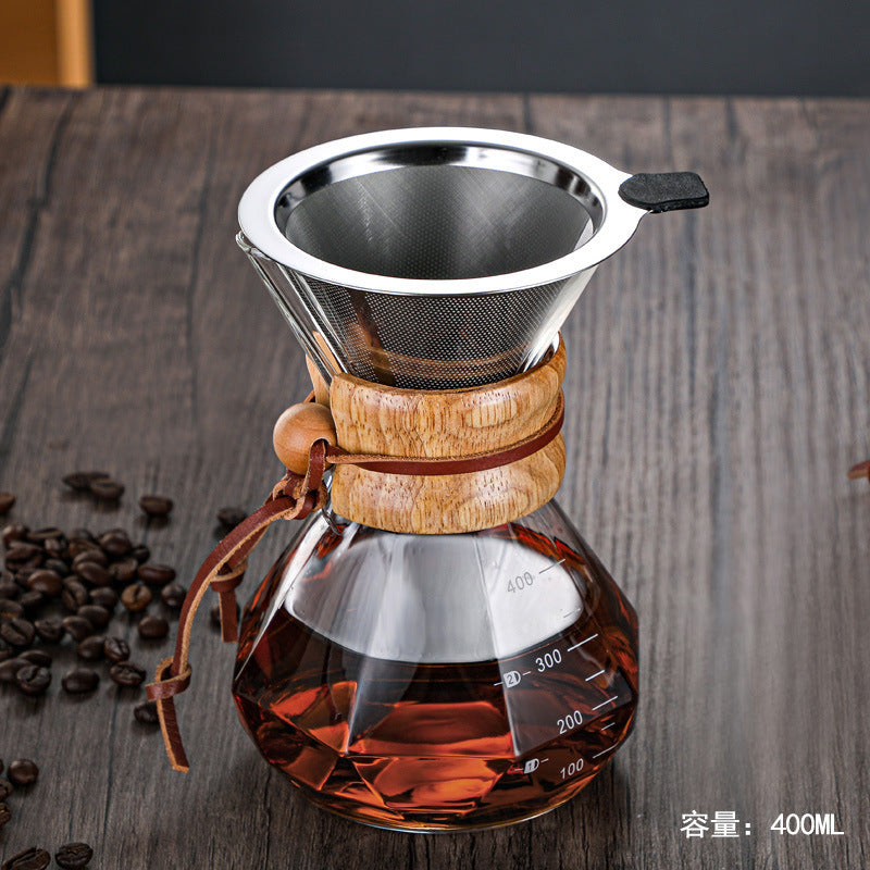 pour-over coffee maker set, diamond-shaped chemex sharing carafe, heat-resistant glassware for home use, with logo imprinting available