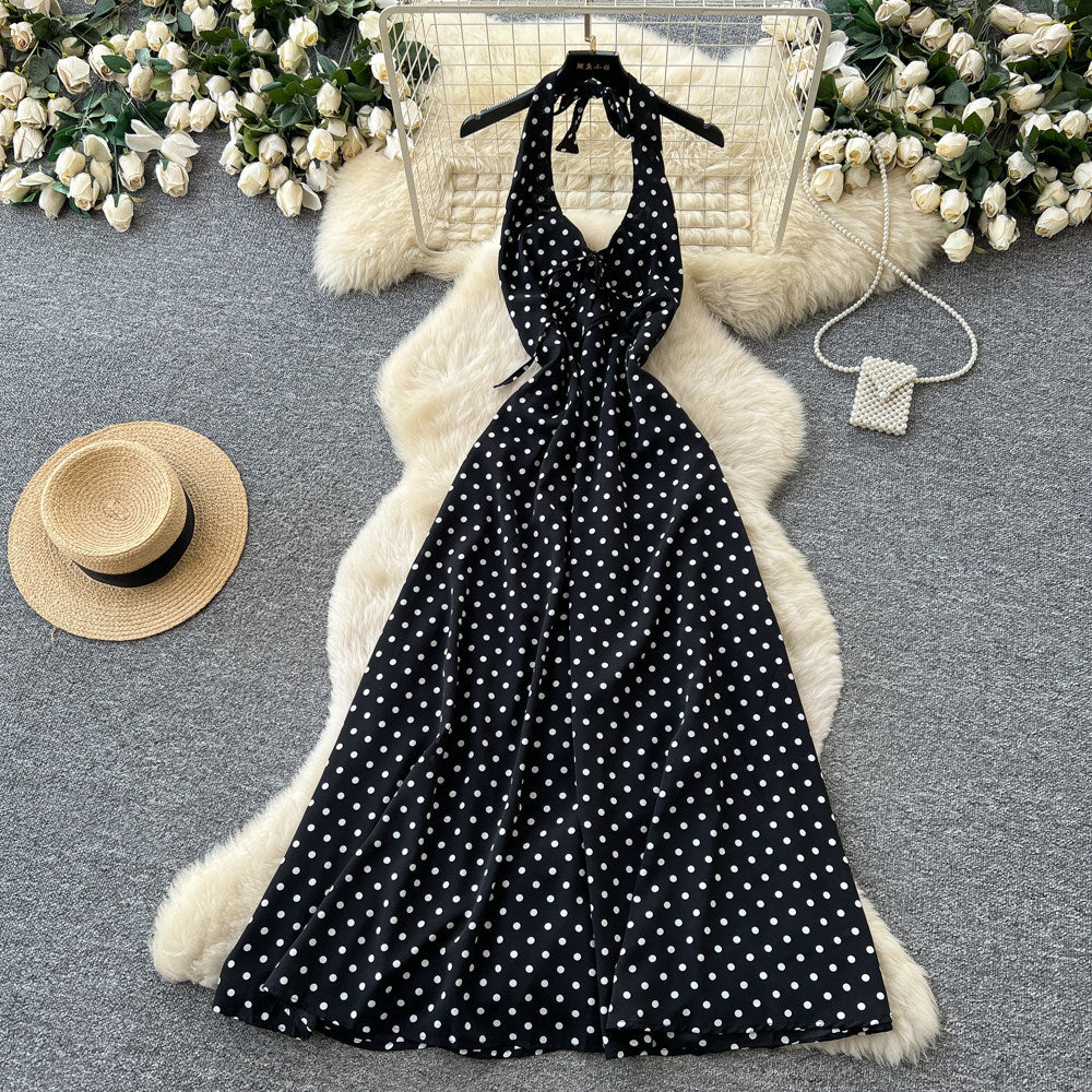 French halter polka dot sexy backless dress women's summer red deep v neck waist elegant vacation style long dress