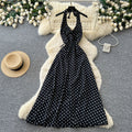 French halter polka dot sexy backless dress women's summer red deep v neck waist elegant vacation style long dress