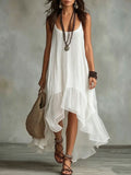new cross-border  style bohemian vacation solid color cami dress with u-neck for women