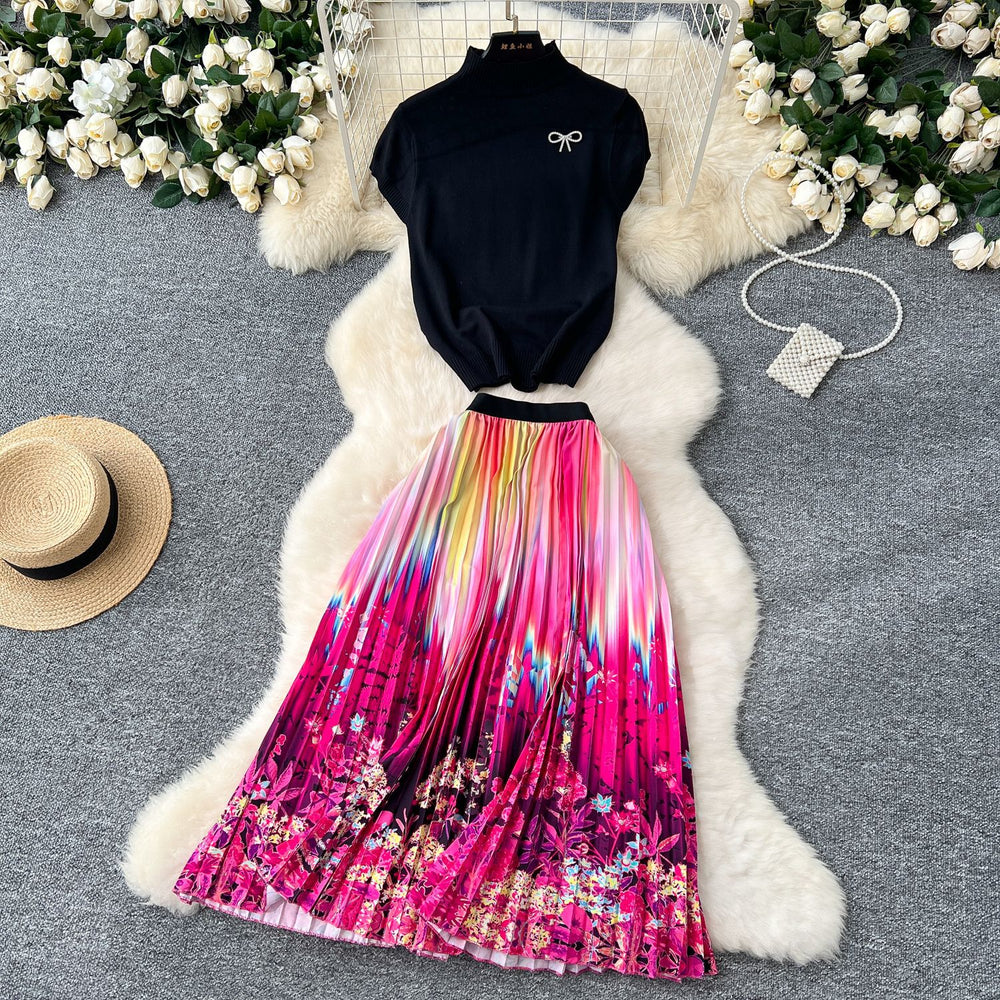 Fashion light mature style two-piece set women's high collar short-sleeved knittingtopshigh waistprintingpleated skirtsuit