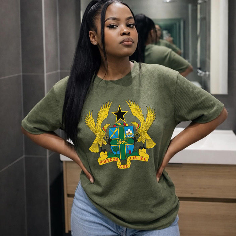 European and american cross-border african women's clothing  summer new fashion trendy round neck loose printed short sleeve t-shirt top