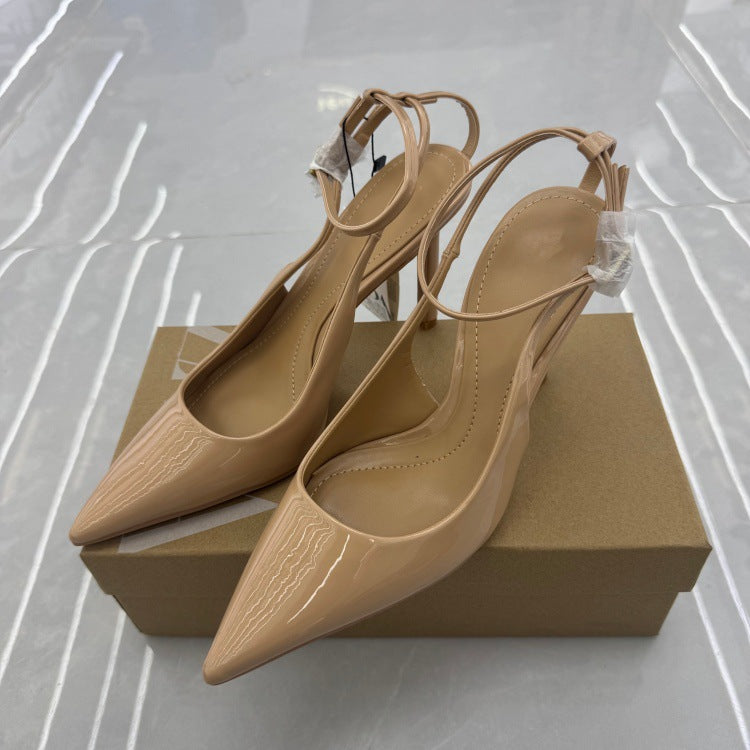 Spanish women's shoes 2025 summer new arrivals: nude stiletto sandals with patent leather effect, pointed toe, open back, and high heels