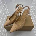 Spanish women's shoes 2025 summer new arrivals: nude stiletto sandals with patent leather effect, pointed toe, open back, and high heels