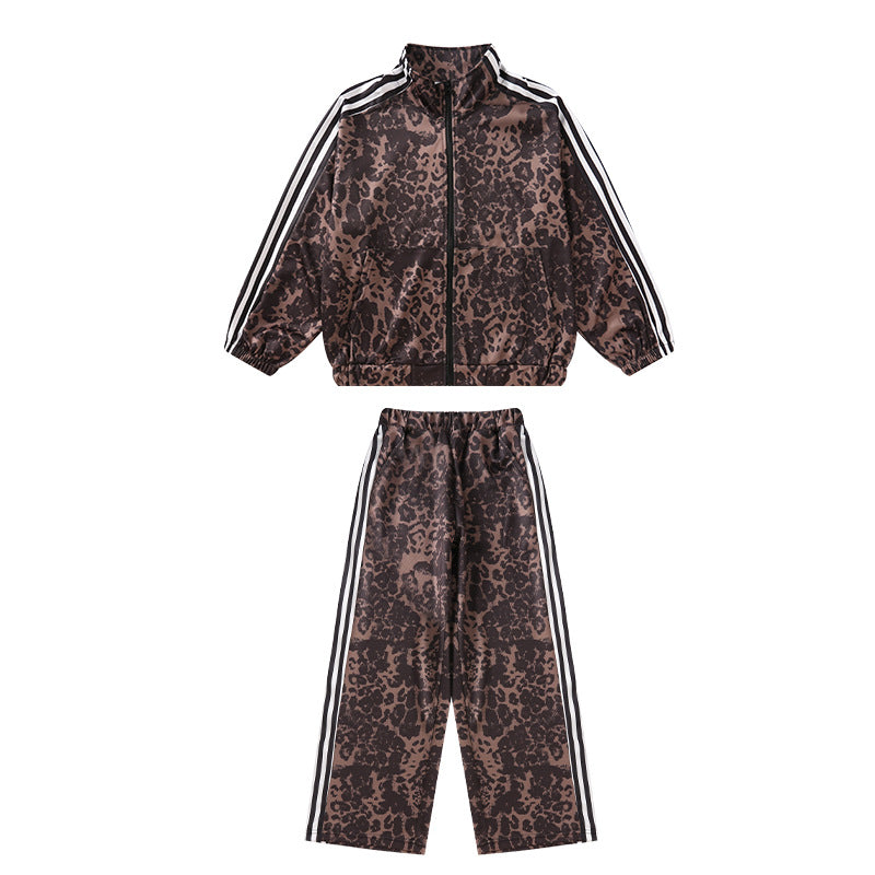 Boys' and girls'  new fashion leopard print spring/autumn casual set - trendy cardigan two-piece outfit for older kids