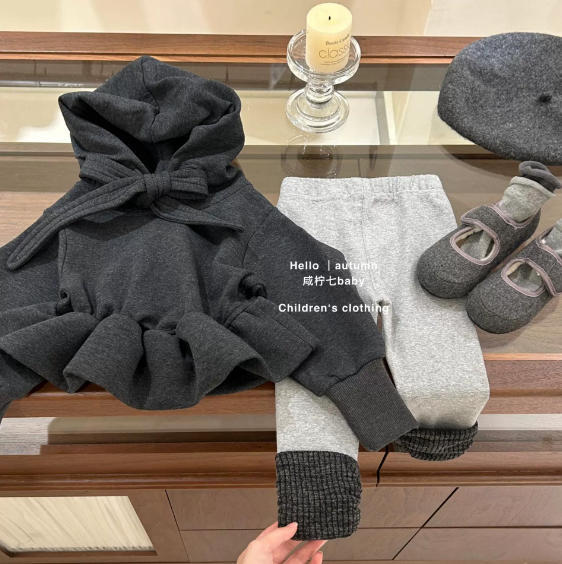 Girls' outfit:  autumn korean style design, bowknot hooded oversized floral bud gray sweatshirt and slouchy pants set - trendy