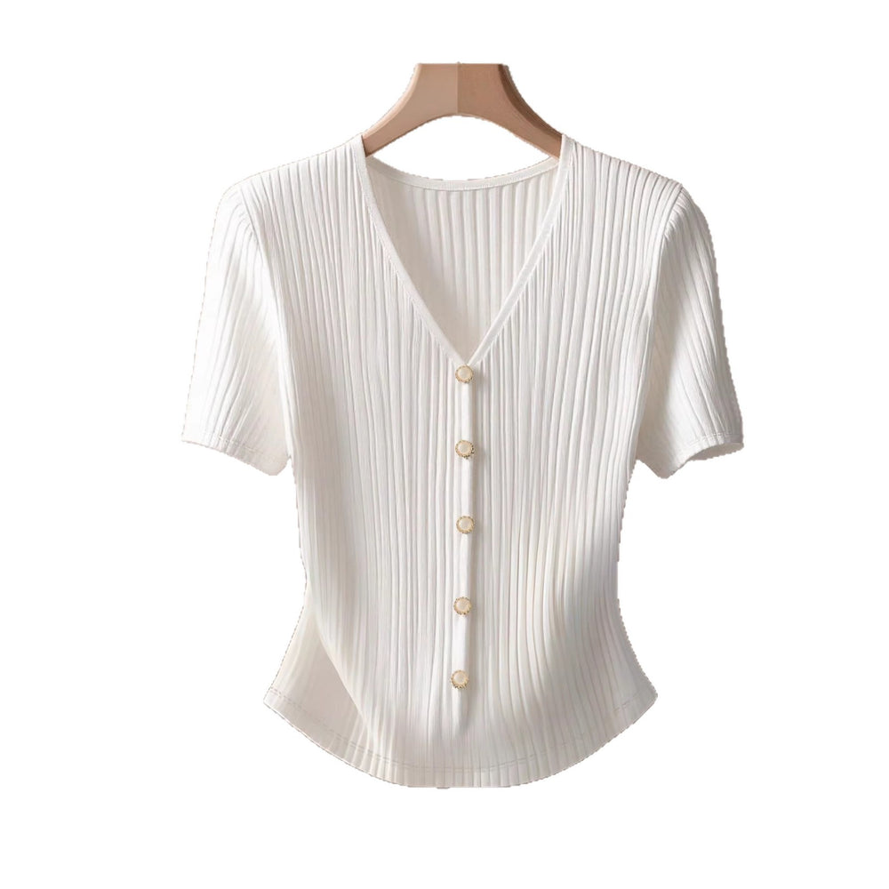 european and american cross-border e-commerce new v-neck knitted short-sleeve shirt solid color loose-fit base layer summer top