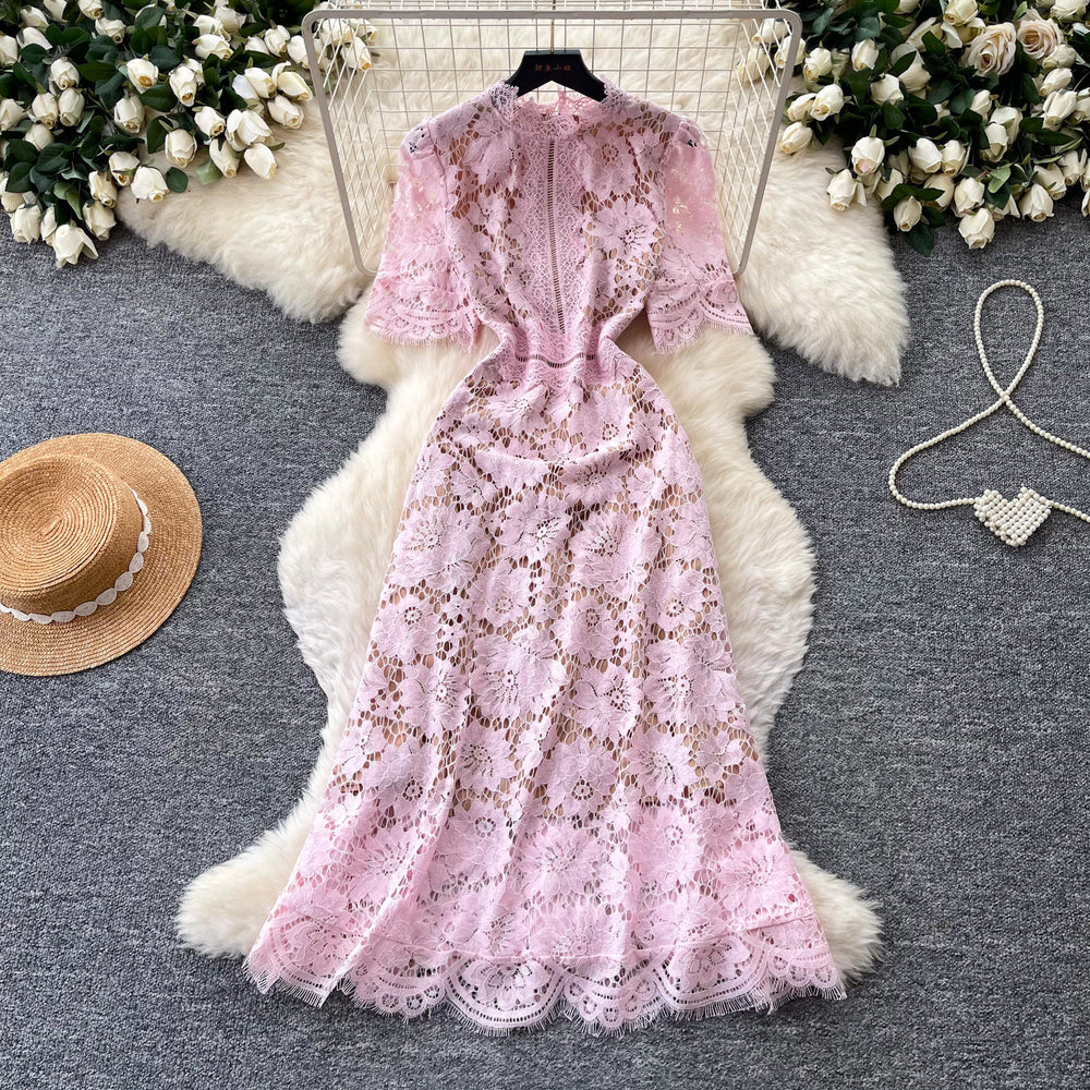 French sweet style pink hollow-out lace dress - women's summer korean style, slimming a-line dress for work and everyday wear