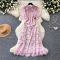 French sweet style pink hollow-out lace dress - women's summer korean style, slimming a-line dress for work and everyday wear