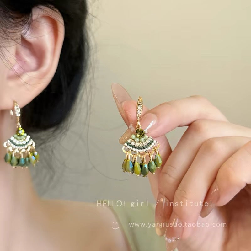 Bohemian green tassel crystal ear cuff earrings - fresh, unique design, perfect for vacation