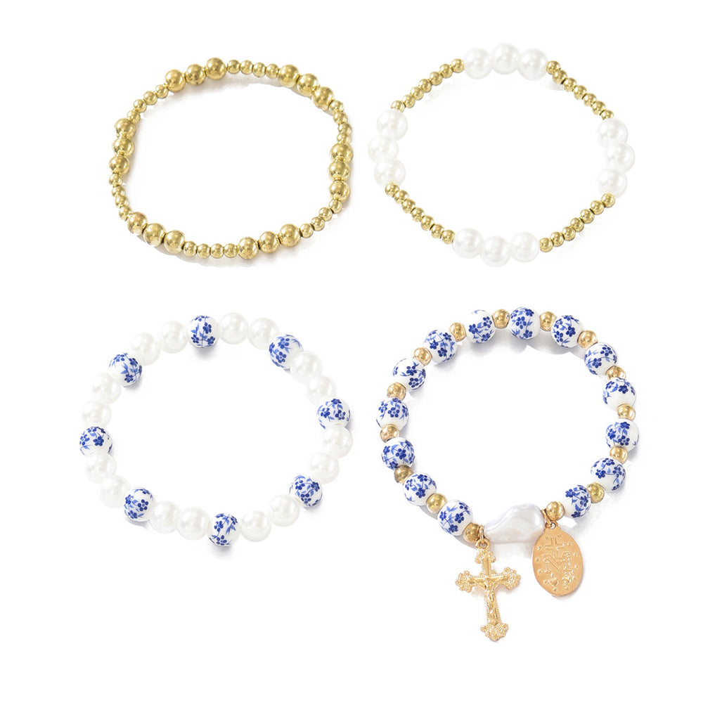 Wholesale blue and white porcelain beaded bracelets - european and american cross-border retro chinese style personalized faux pearl cross pendant jewelry