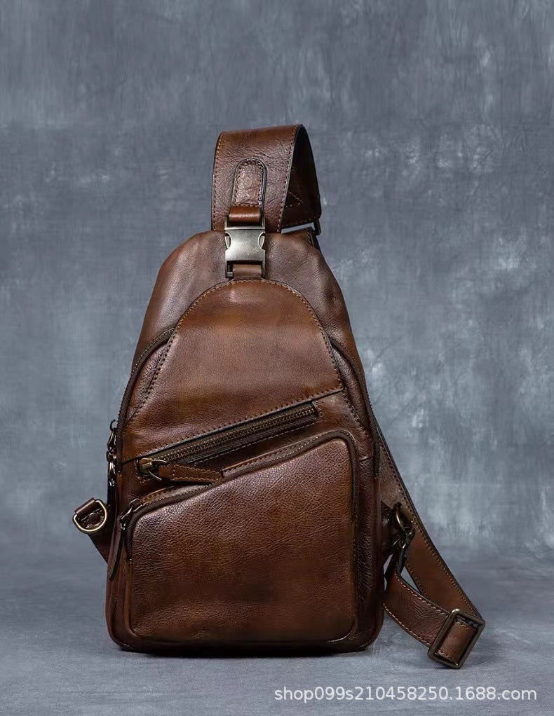 Retro hand-rubbed vegetable-tanned cowhide chest bag men's genuine leather crossbody bag casual shoulder crossbody bag soft leather bag