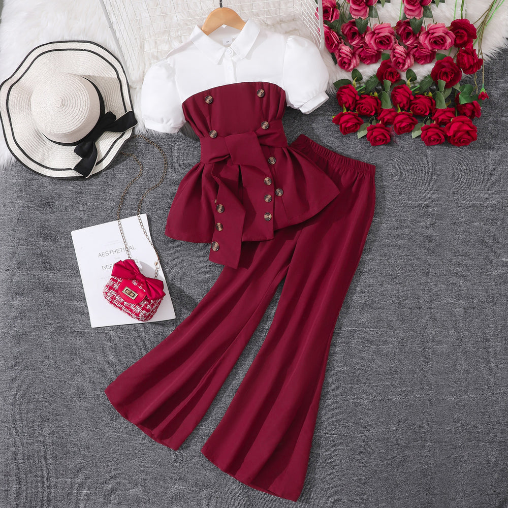 Girls' outfit set: white and brown color block collared top + wide leg flare pants fashion set