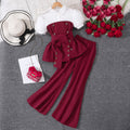 Girls' outfit set: white and brown color block collared top + wide leg flare pants fashion set