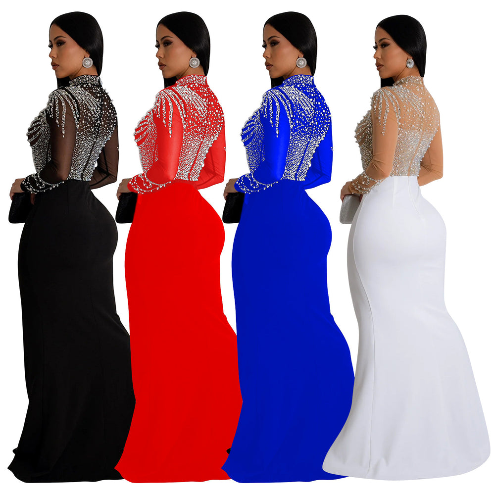 C6825 cross-border   fashion women's solid color mesh rhinestone slit maxi dress