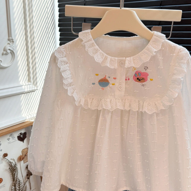 New girls' autumn outfit: versatile white embroidered shirt - korean style casual, fashionable, and trendy children's wear