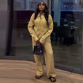 European and american cross-border women's fashion:  autumn new collection - stylish yellow striped long-sleeve shirt and wide-leg pants casual set